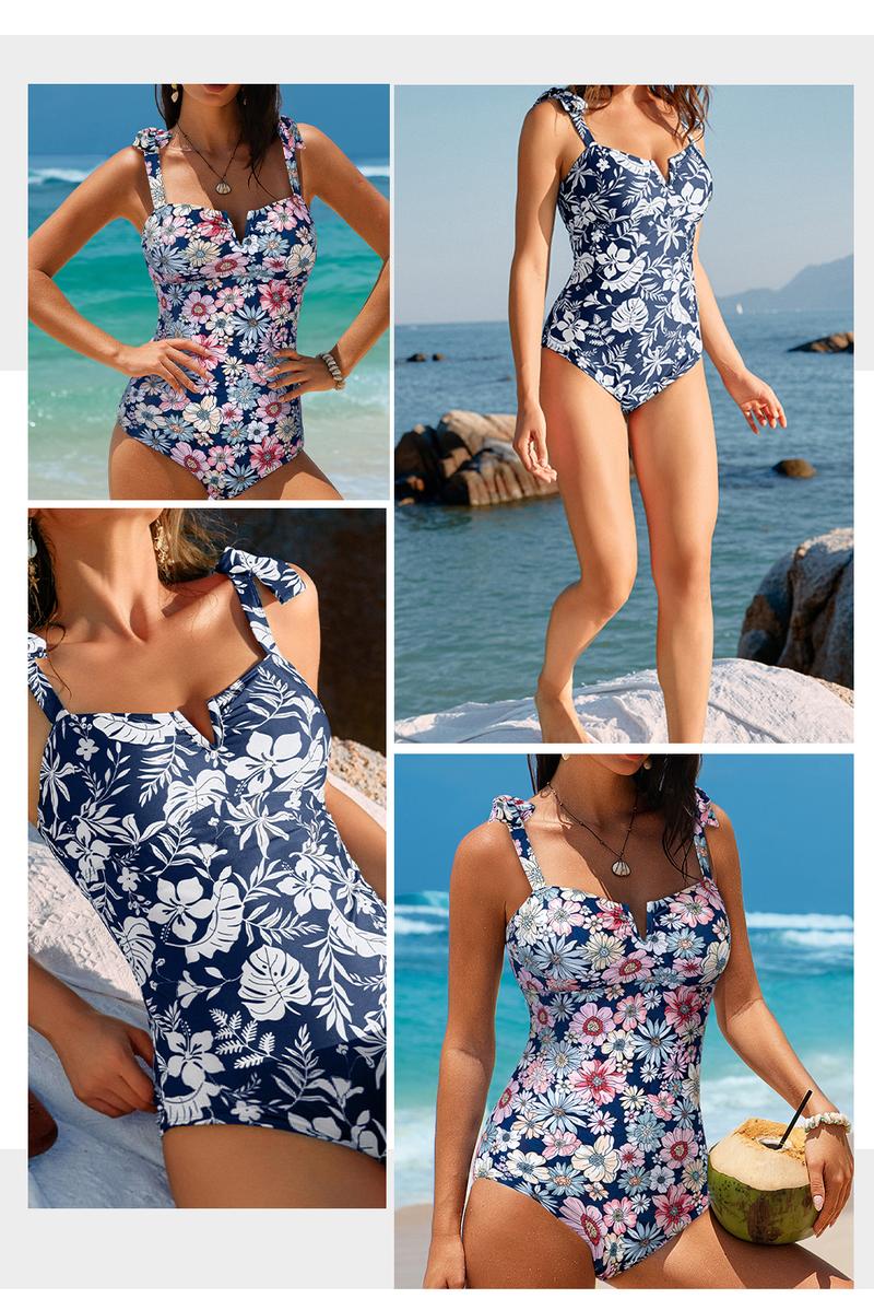 Aleumdr Women's One Piece Swimsuits Tummy Control Bathing Suits V Neck Boho Tie Shoulder Ruched Full Coverage Swimwear
