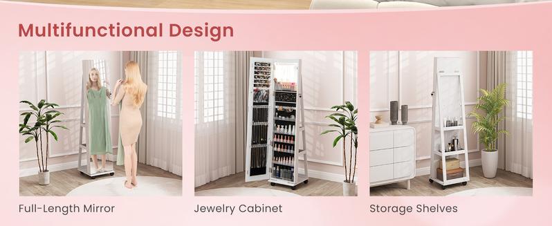 COSTWAY Jewelry Cabinet with Wheels, 64" H Full Length Mirror, 3-Color LED Lights, Height Adjustable Shelves, Lockable Standing Jewelry Organizer Armoire with Back Storage Shelves -costst COSTWAY Jewelry Cabinet with Wheels, 64" H Full Length Mirror, 3-Color LED Lights, Height Adjustable Shelves, Lockable Standing Jewelry Organizer Armoire with Back Storage Shelves -costst