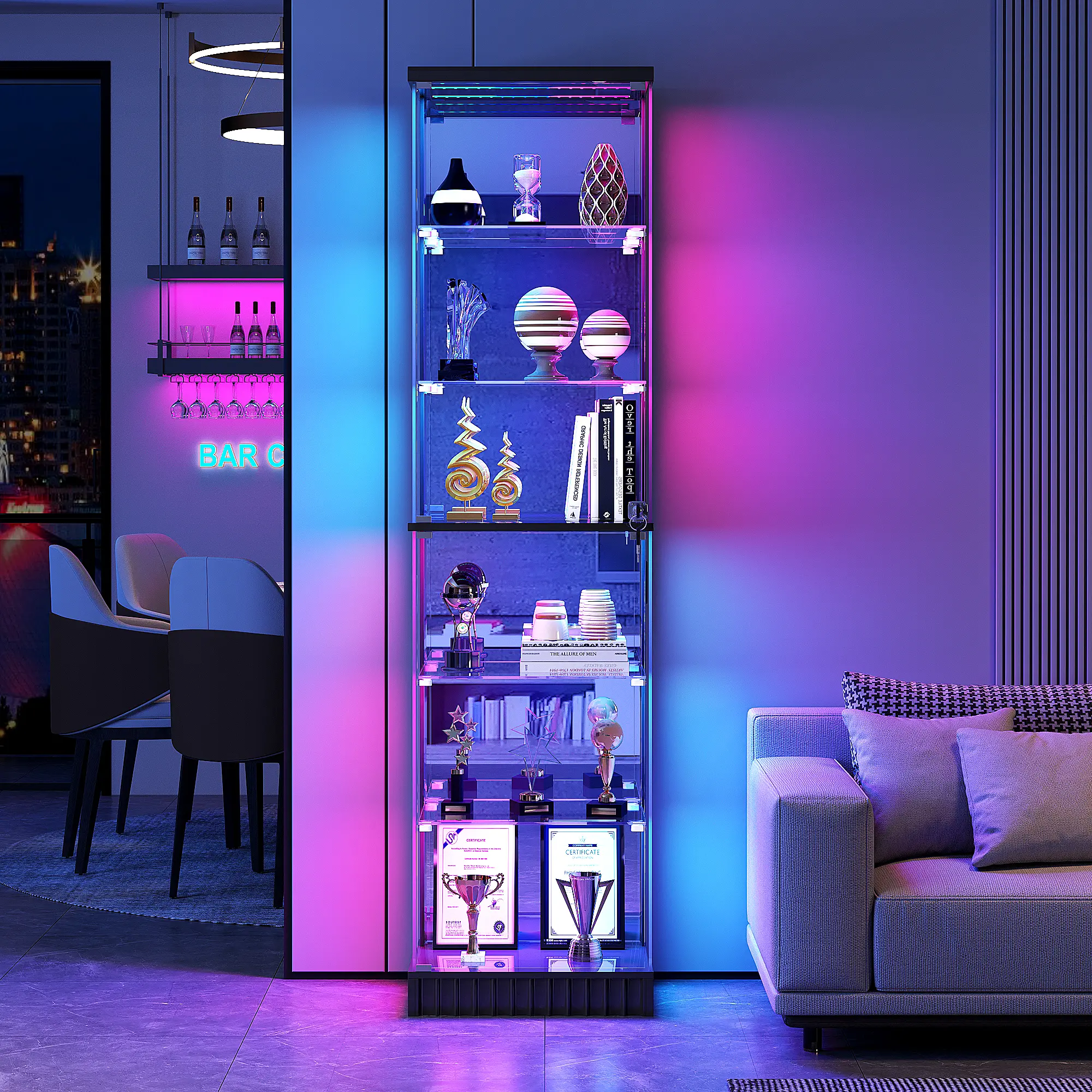 FREDEES 6-Tier Corner Display Cabinet with Lock for Collectibles,67'' Tall Curio Cabinet RGB Light, Glass Display Case with Removable Glass Shelf for Living Room,study, Gaming room