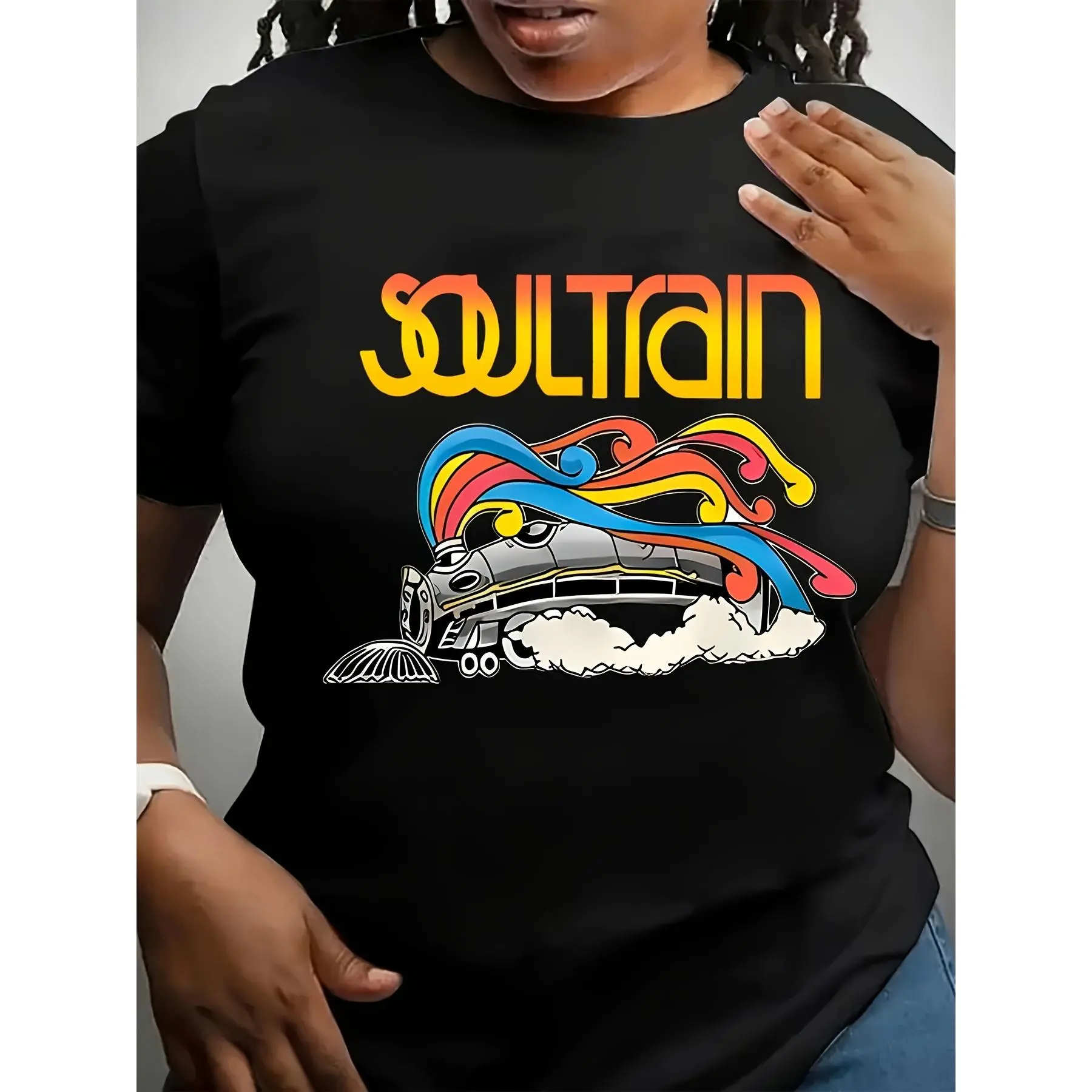 Women's Plus Size Trendy Graphic Sports Top - Vibrant "Soul Train" Print, Lightweight, Pull On, XXXXL, Comfortable Casual Sportswear, Trendy Graphic Shirts, Hang Dry