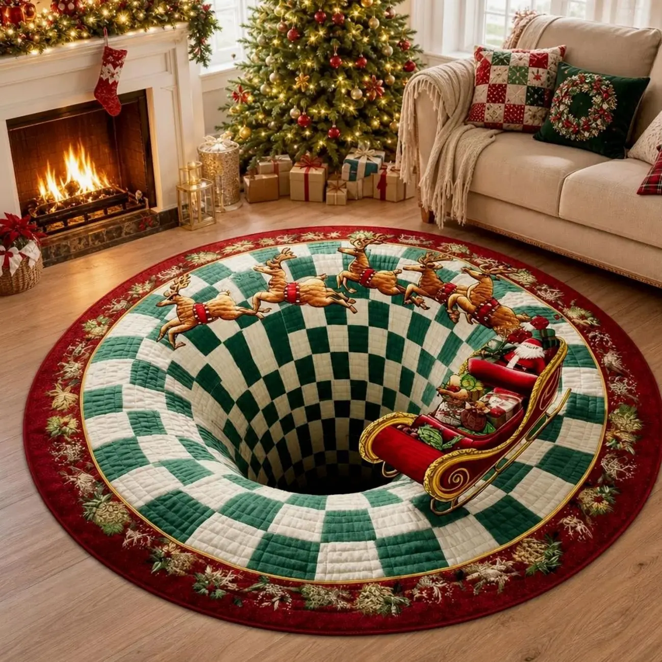 Christmas Santa Sleigh Vortex 3D Round Rug, Reindeer Checkered Optical Illusion Floor Mat, Non Slip Xmas Home Decor, Christmas Gift