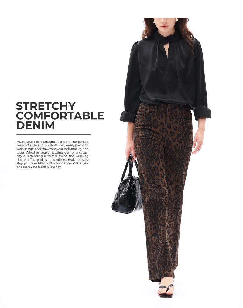 High-Mid Waisted Relaxed Straight High Stretchy Pants Leopard Print Design Comfortable Fabric Womeswear Bottoms Pants
