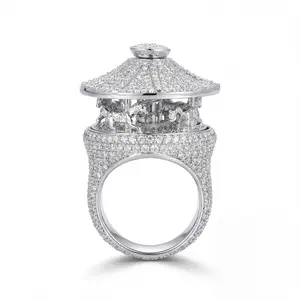 ⑦②Space ice Iced Out 3D Carousel Ring | Fully Micro-Paved CZ Diamond Spinning Horses Ring | Luxury Hip Hop Statement Jewelry
