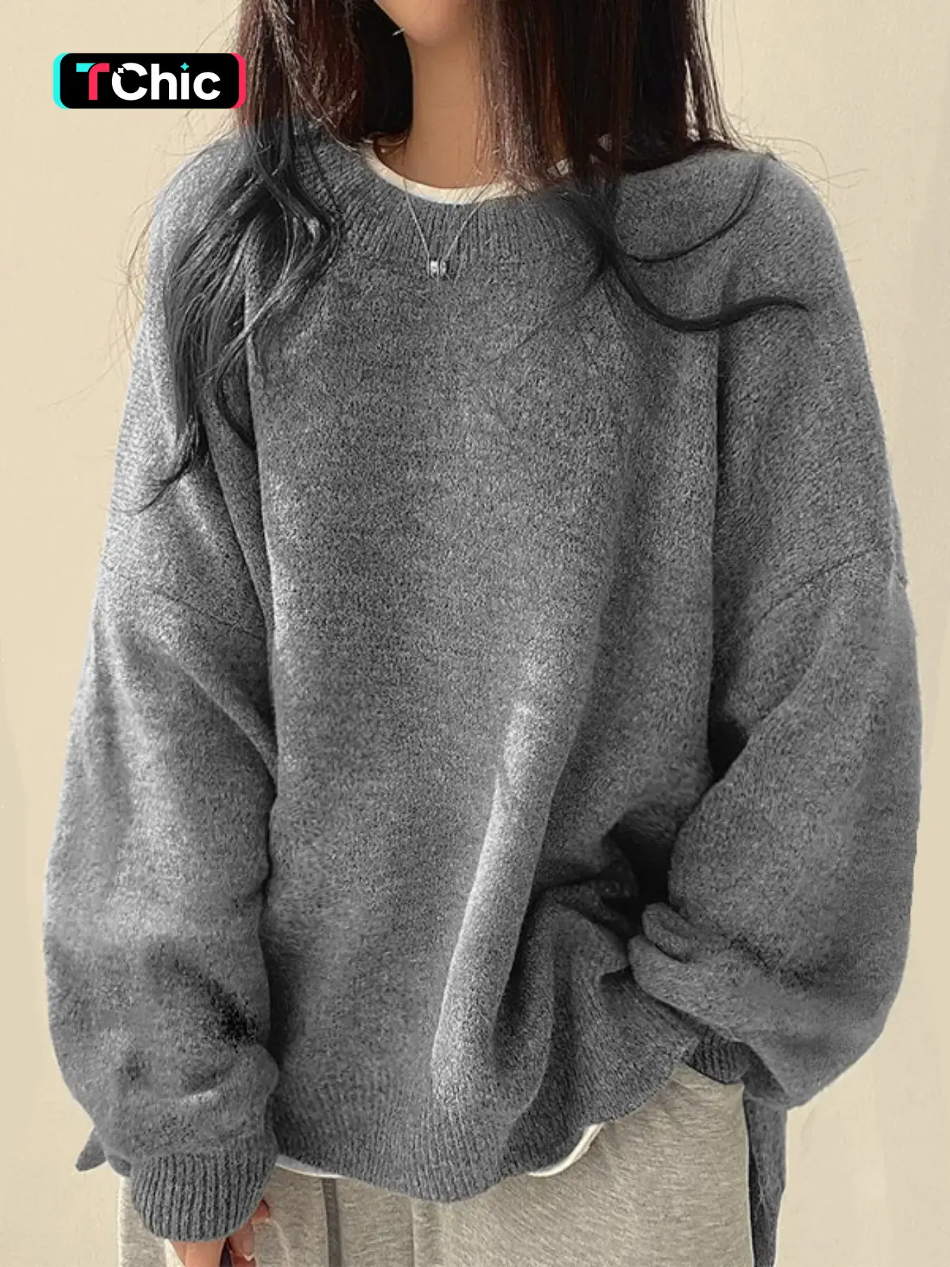 Women's Drop Shoulder Split Hem Sweater, Casual Solid Long Sleeve Round Neck Jumper, Women's Knitwear Top for Fall & Winter, Sweaters for Women