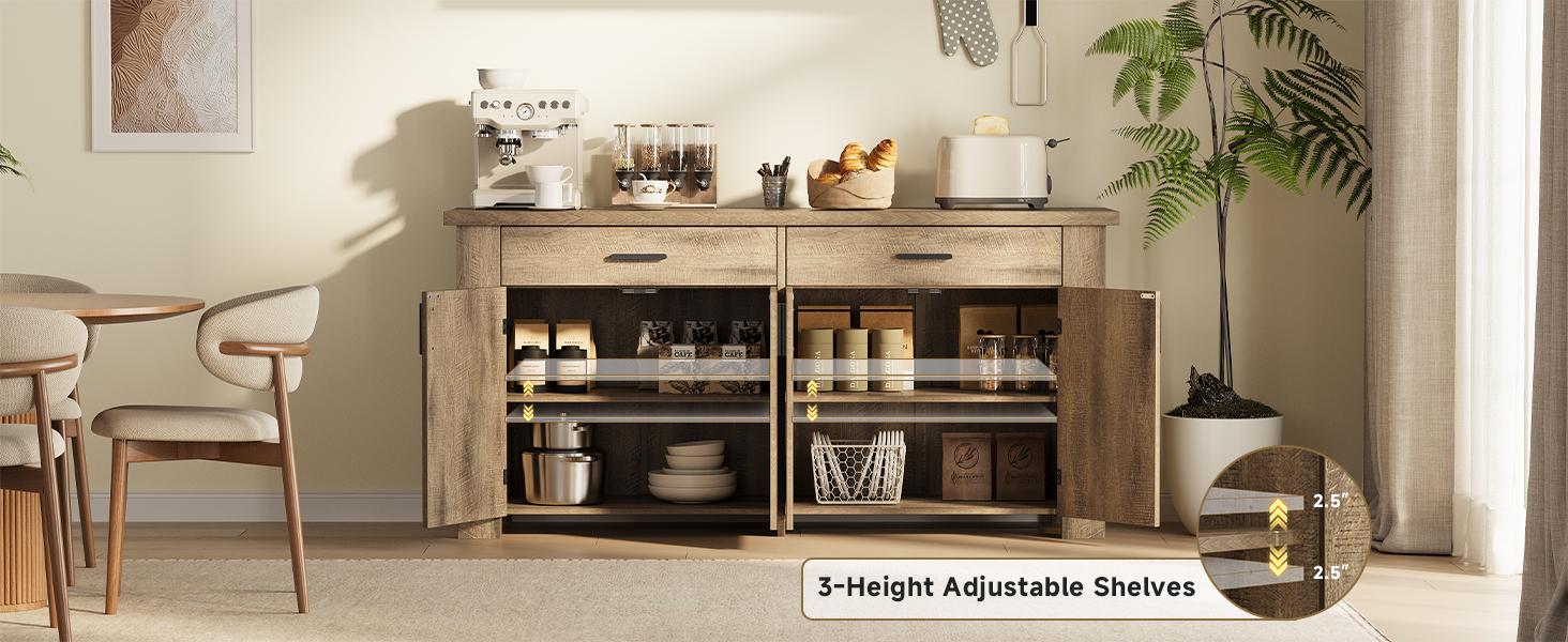 【SPOTLIGHT DAY】ONBRILL 61 Inch Sideboard Buffet Cabinet with Storage, Buffet Cabinet with 2 Drawers & 4 Doors, Farmhouse Sideboard with Adjustable Shelves, Coffee Bar Cabinets for Living Room, Kitchen