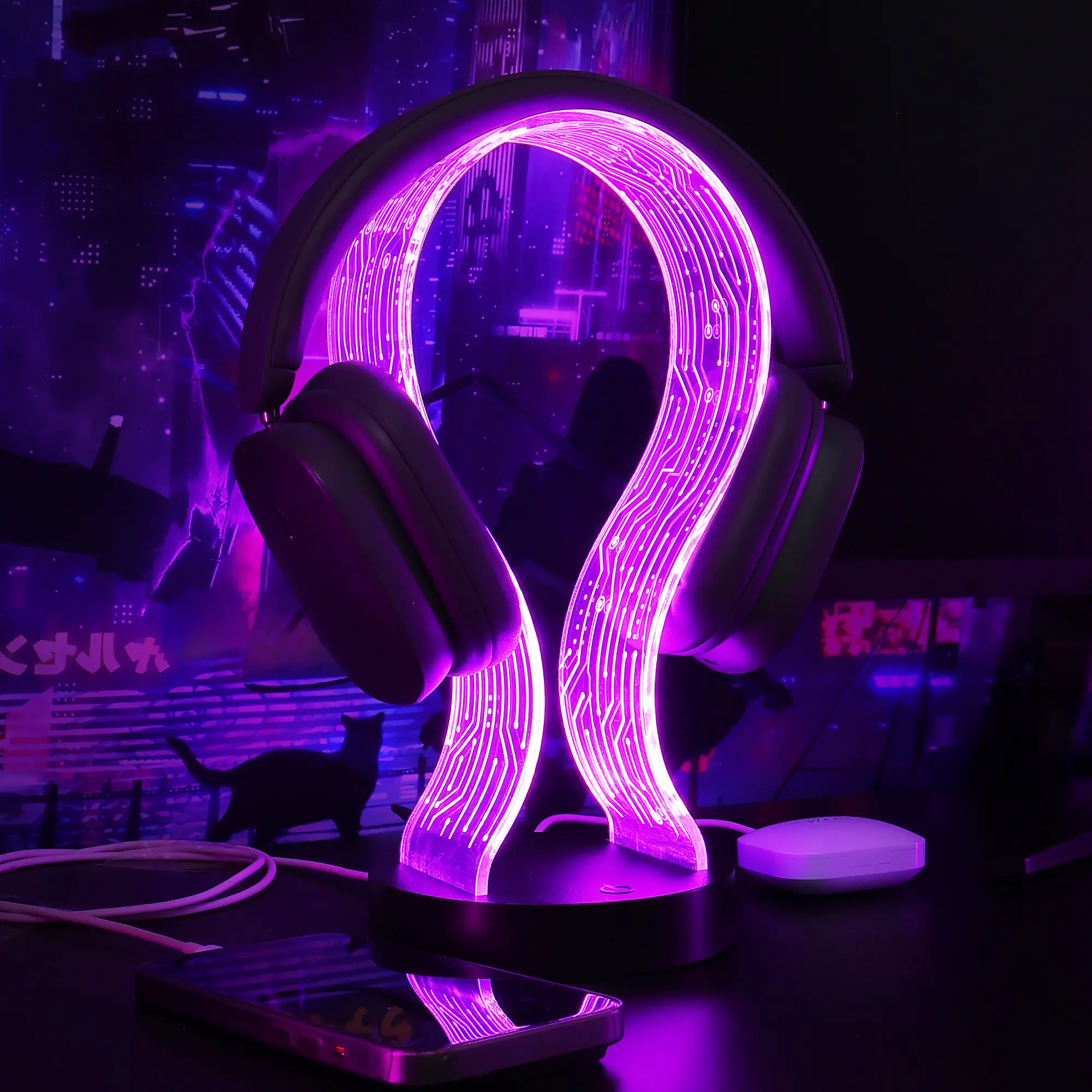 Acrylic Light Up Headphone Stand - 16-Color Lights, PCB Pattern, USB-Type-C Charging Ports, Chargeable Gaming Accessories with Remote Control - Perfect Gifts for Him for Birthday, Christmas