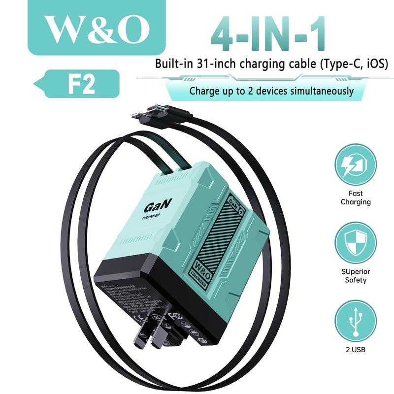 W&O 4-in-1 Portable GaN Fast Charger  Compatible with 120W Fast Chargeing with Retractable Cable USB-C & Lightning Usb Connector iphone 16 plus cases smart watch iphone 15 pro max earbuds portable charger chargers android phones power bank power bank