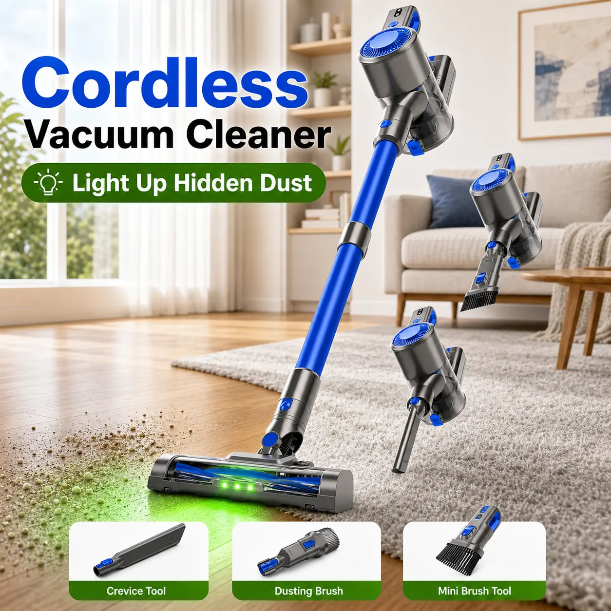 BSNAW Wireless Cordless Vacuum Cleaner - 6-in-1 Ultra-Lightweight Stick Vac, Rechargeable with Green LED Anti-Tangle Hair Brush, Lightweight Carry, Clean Floors Solution for Pet Hair, Area Rugs, Car Interior, Cordless Hand Vac