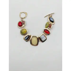 1pc European And American Retro Style Zinc Alloy Inlaid Multicolor Geometric Resin Gemstones Simple And High-End Vintage Bracelet, Suitable For Women, Casual And Vacation, Memorial Day Gift