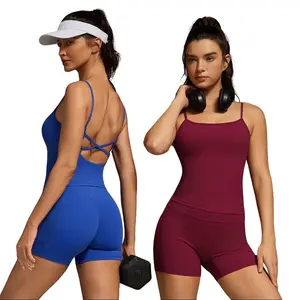 OMKAGI Workout Sets for Women Open Back Strappy Workout Tank Gym Shorts Outfits with Pockets