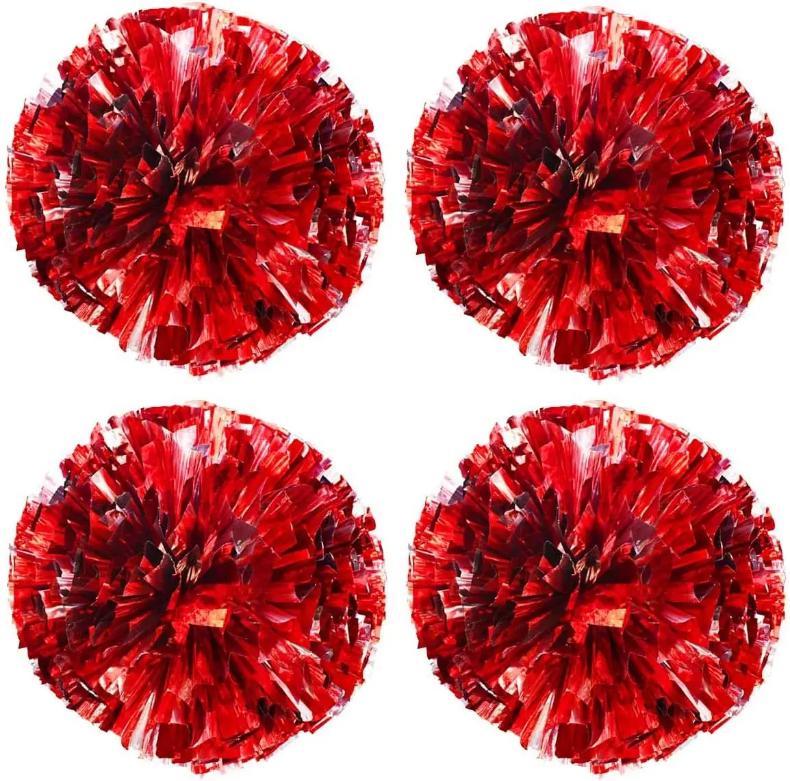 TTSAM 4 Pack (2 Pair) Metallic Foil Cheerleader Pom Poms & Plastic Ring Cheer Poms with Baton Handle Cheerleading Pompoms for Sports Party Dance Team Accessories Cheering Squad Spirit (Red & Silver)