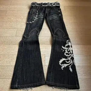 European and American new heavy industry embroidered jeans men's and women's punk flared pants y2k washed trousers dark pants Menswear