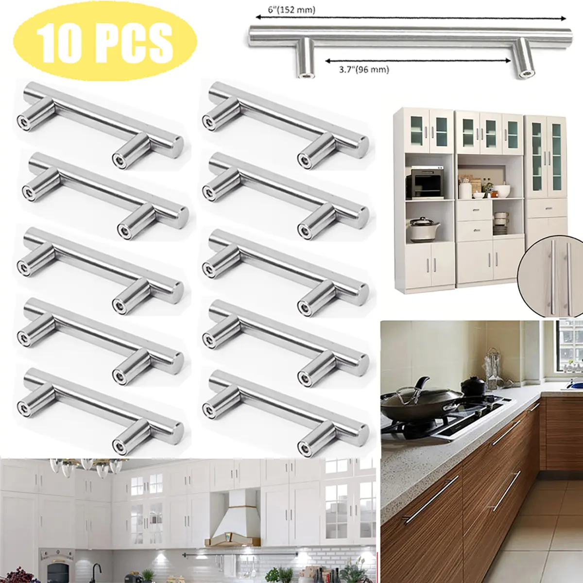 10-Pack 6" Brushed Nickel T-Shaped T-Bar Cabinet Knobs and Pulls, Stainless Steel Indoor Cabinet Door & Drawer Hardware, Rust Resistant Screw-Type Metallic Handles, Easy-to-Install with Included Screws
