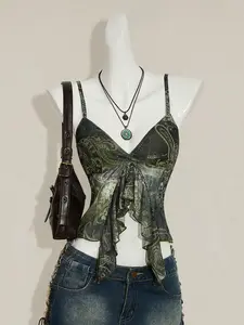 RES Women's Pink Floral Print Ruffle Hem V-Neck Vacation Casual Cami Top