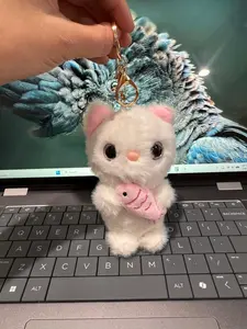 Cute Plush Cat with Fish Keychain