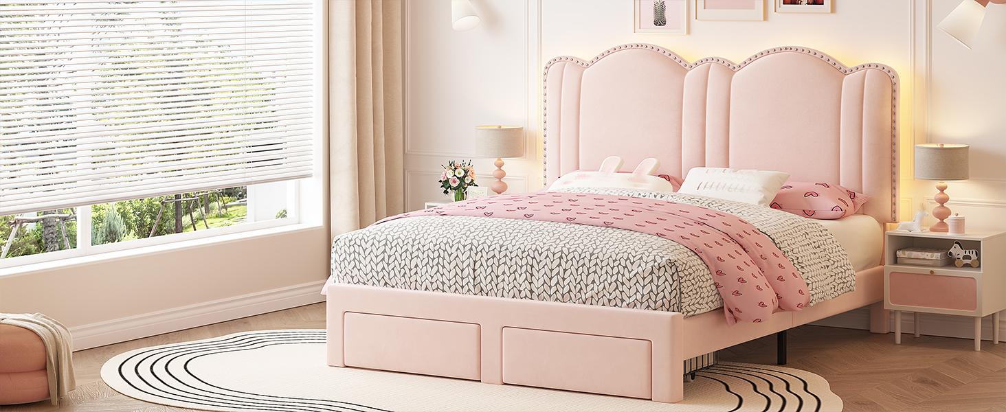 Raybee Furniture Full/Queen Size Upholstered Bed Frame with Velvet Cloud Headboard, Pink Princess Bed Frames with Storage Drawer and LED, Headboard Height Adjustable, Strong Support, No Box Spring Needed, Easy Assembly [Black Friday]