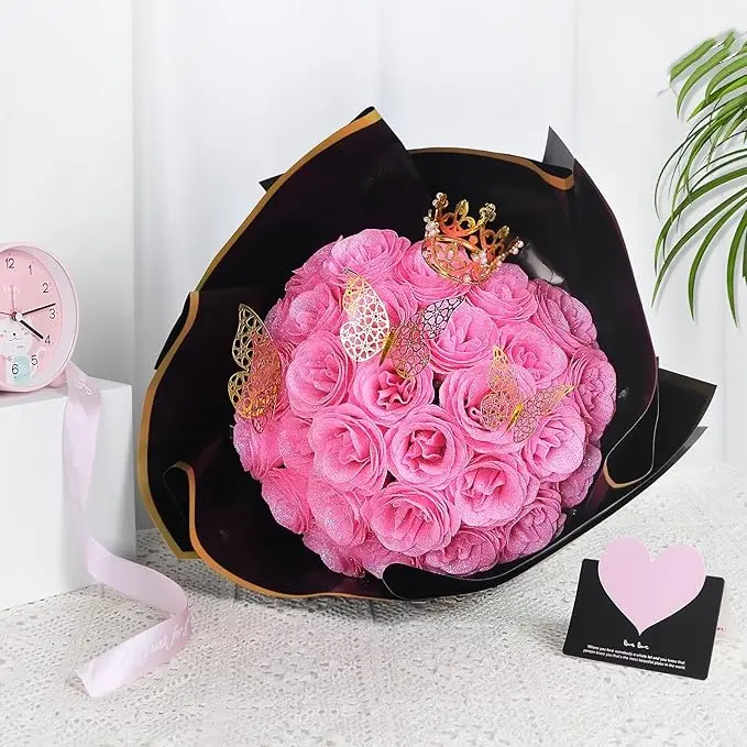 DIY Wrapped Glitter Pink Romantic Artificial Flower Arrangement Kit - 25 Roses Set with Butterfly Accents, Decor for Weddings & Home, Ideal Mother's Day Gift