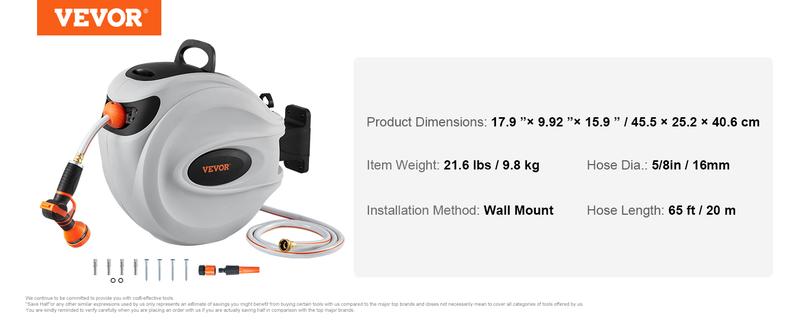 VEVOR Retractable Hose Reel, Various specifications, 100'x1/2" 180° Swivel with 9-Pattern Nozzle, Automatic Rewind, Lock at Any Length, Slow Return System