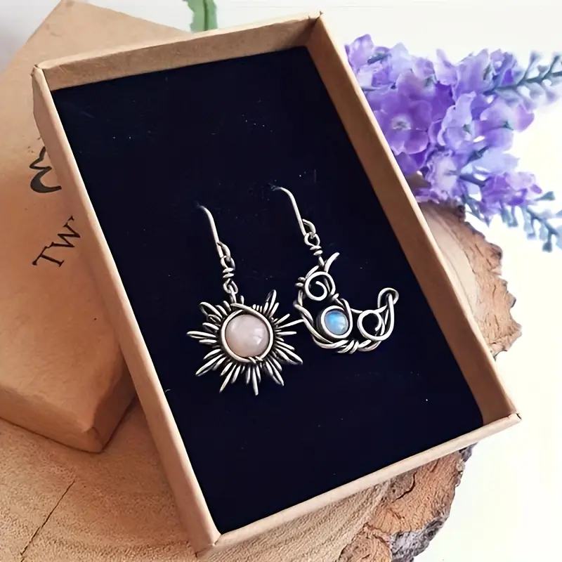 Asymmetrical Sun and Moon Dangle Earrings, Retro Bohemian Style Jewelry with Synthetic Moonstone for Women, Earrings For Women, Adds Boho Flair To Casual Outfits, Retro Boho Vibe, Sun‑Moon Duo