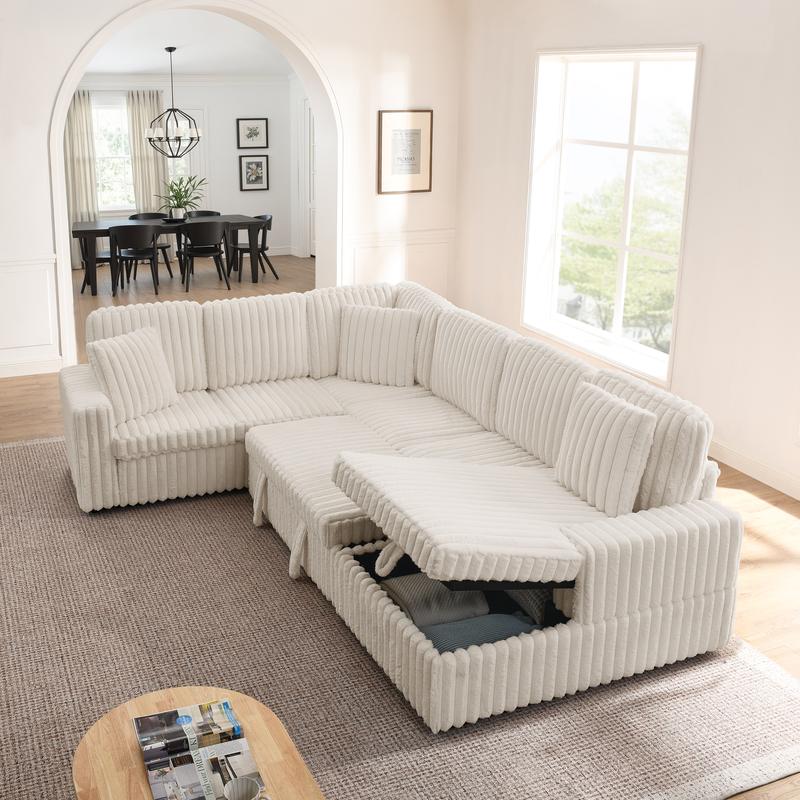 【4 Packages shipping】Niccae Corduroy Striped Sofa – U-Shaped Pull Out Bed & Storage Chaise, Modern Minimalist Sofa for Living Room, Home Office, Guest Bed, Apartment (6 Seats, Foam Cushion)