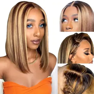 Ombre  Bob Wig Human Hair Highlight P4/27 13x4 HD Lace Frontal Straight Lace Front Bob Wigs for Black Women Human Hair Pre Plucked Pre Plucked with Baby Hair 180% Density Honey Blonde Wig Soft Bouncy No Smell Can Be Dyed Curled Restyled