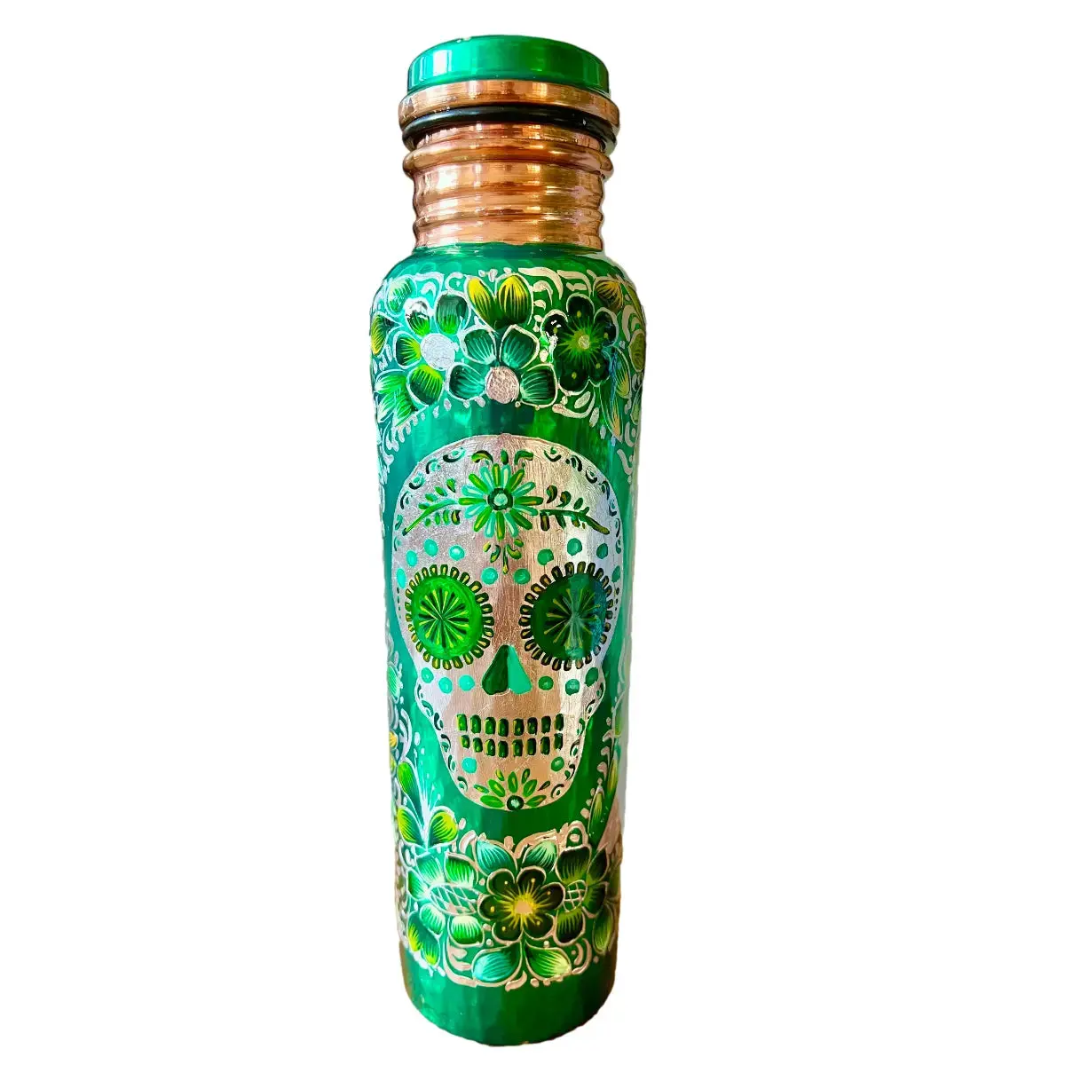 Mexican Copper Water Bottle 1 L / 33 oz.- Hand Painted Green Sugar Skull