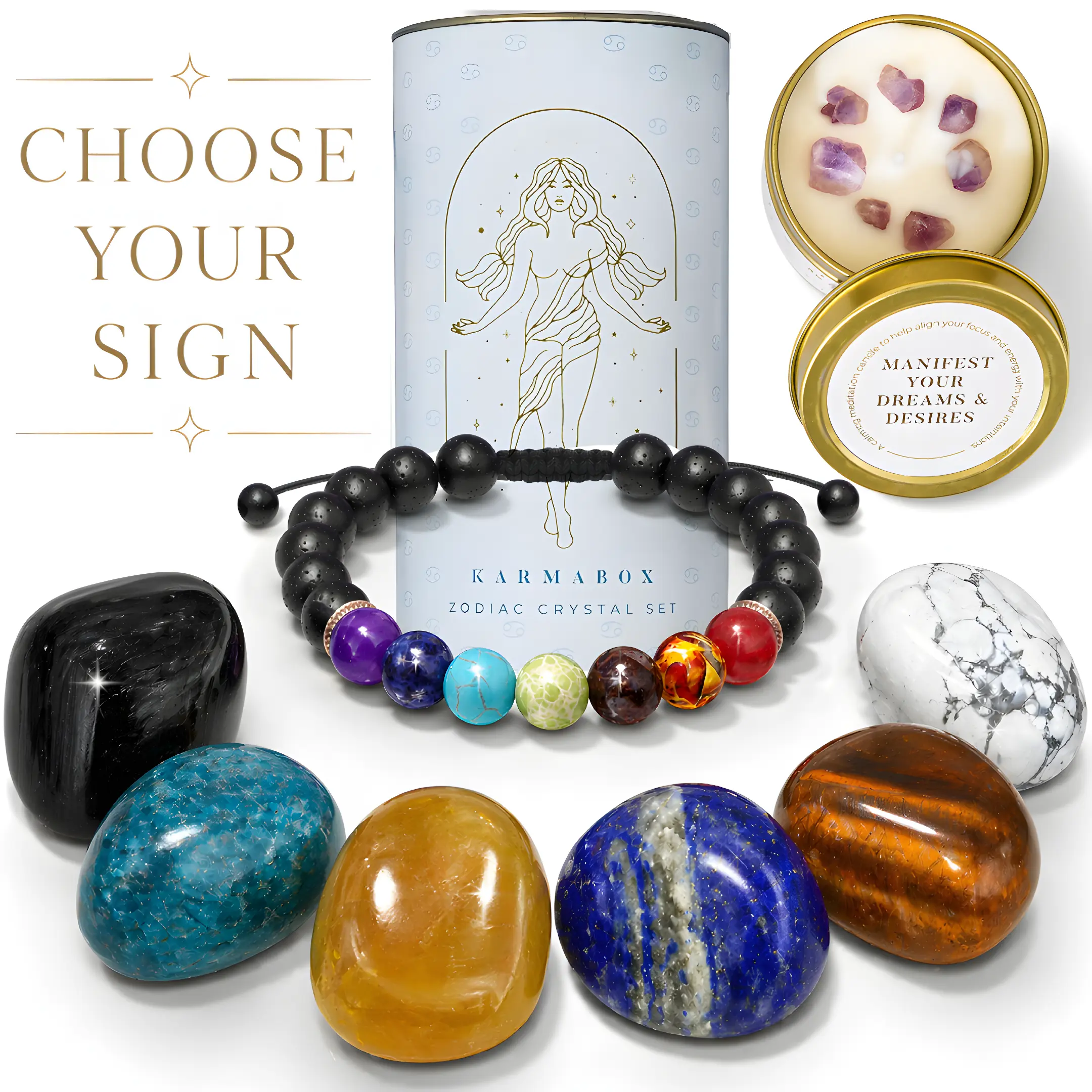 Zodiac Crystal Set - Healing Stones & Tumbled Crystals Gift Box - Astrology Gifts for Women, Spiritual Birthday Gifts, Horoscope Manifestation Kit with Healing Bracelet, Stones for Meditation, Wellness & Energy Balancing, Unique Celestial Keepsake Gift