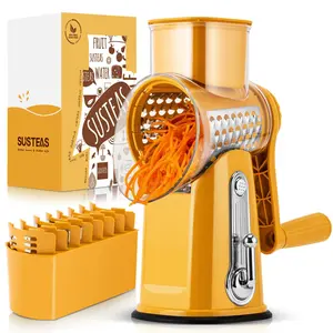 SUSTEAS Rotary Cheese Grater with Handle - Vegetable Shredder with 5 Well-designed Blades & Strong Suction BaseRound Mandoline Slicer & Food Chopper for Kitchenwith Blade Storage Box(Yellow)