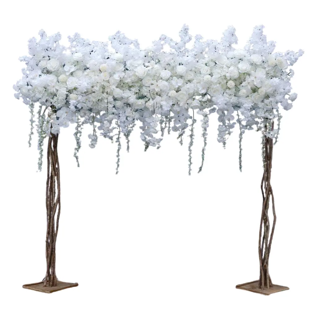 A7568 Hanging Artificial Flowers, White-Red-Pink Rose-Cherry Blossom-Wisteria Artificial Flower Bouquet, Decorative Floral Decor for Wedding & Room Decor, White 240X90cm Flower Row