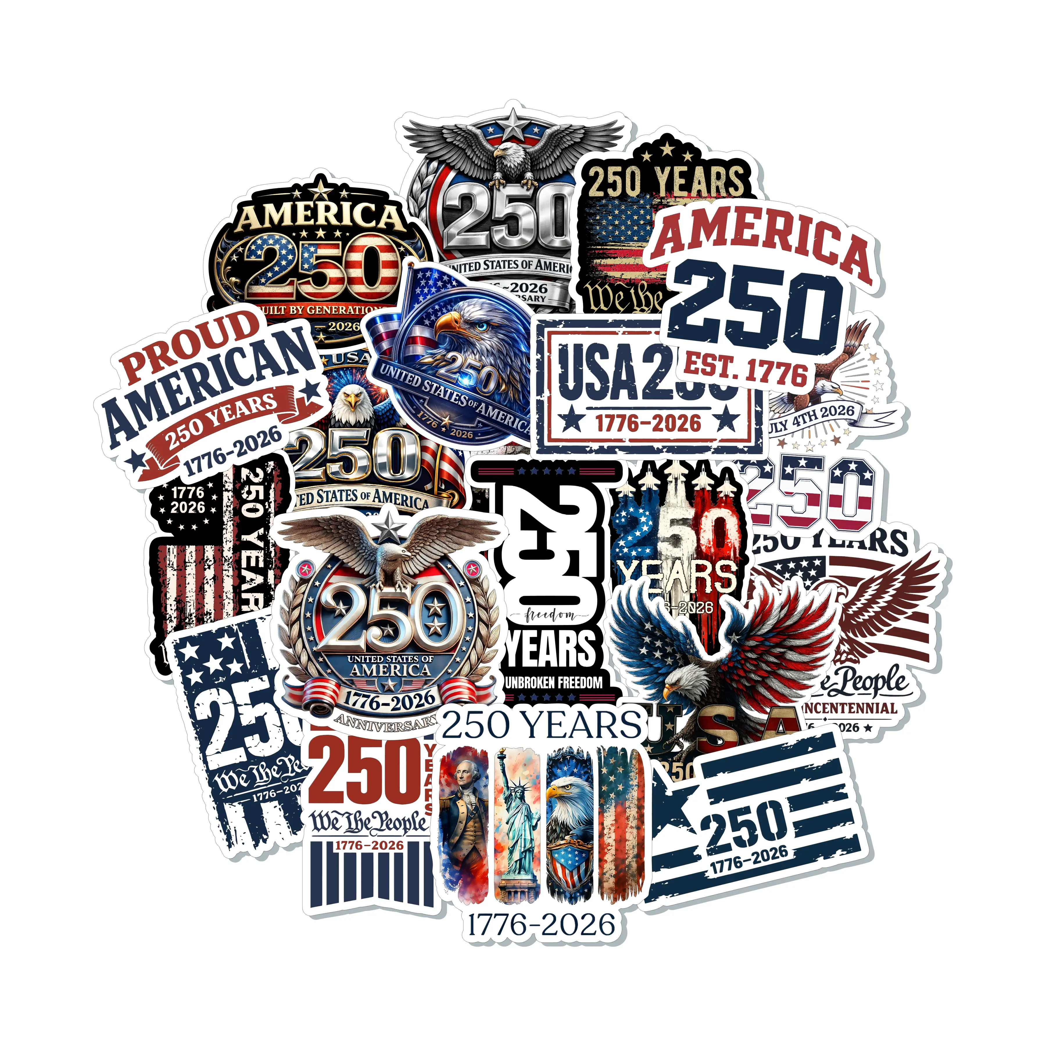 USA 1776-2026 250th Anniversary Commemoration Limited Edition Decorative Sticker Pack - 20pc Bold Full-Color Vinyl Adhesives, Scrapbooking Supplies, Great for Coolers, Hard Hats, DIY Toy Personalization