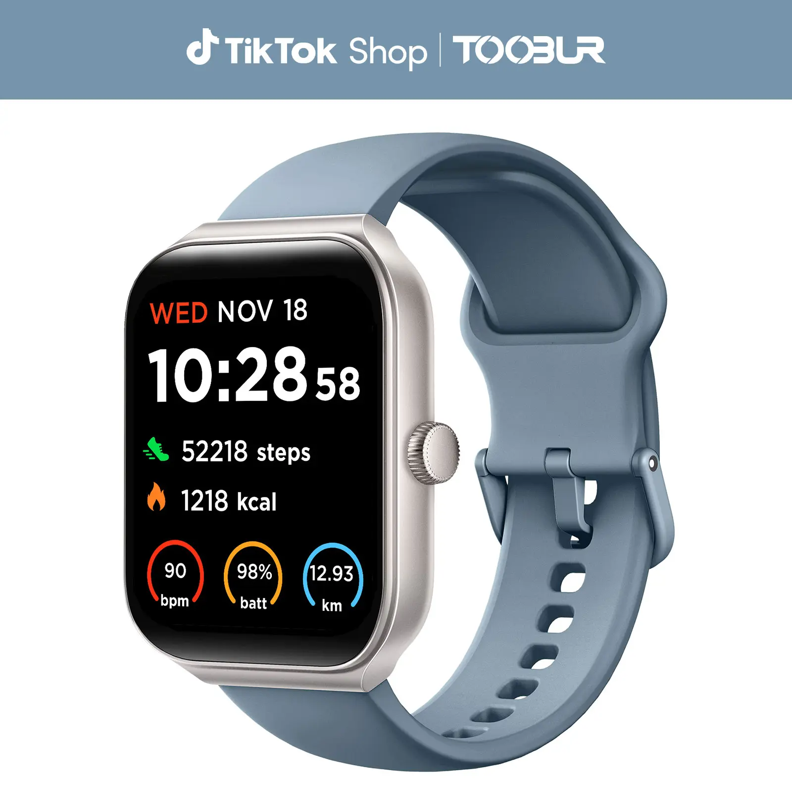 TOOBUR 1.95" Smart Watch with BT Answer/Make Calls Smart Voice Assistant Sleep Tracking IP68 Waterproof Step Calorie ActivityTracker 100 Sports Fitness Tracker Smartwatch for Men Women Compatible iOS Android Phones Wearable Blue