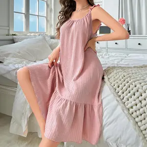 Mother's Day Gift Women's Solid Pink Ruffled Strap Cami Loungewear Dress Elegant Sleeveless Ruffled Hem Long Dress for Summer Soft Sleepwear for Indoor & Casual Wear Minimalist Womenswear