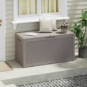 100 Gallon Storage Deck Box, Resin Waterproof Deck Box Outside, Imitation Rattan Weave Texture for Patio Furniture, Garden Tools, Pool Supplies, Weatherproof and UV Resistant, Lockable