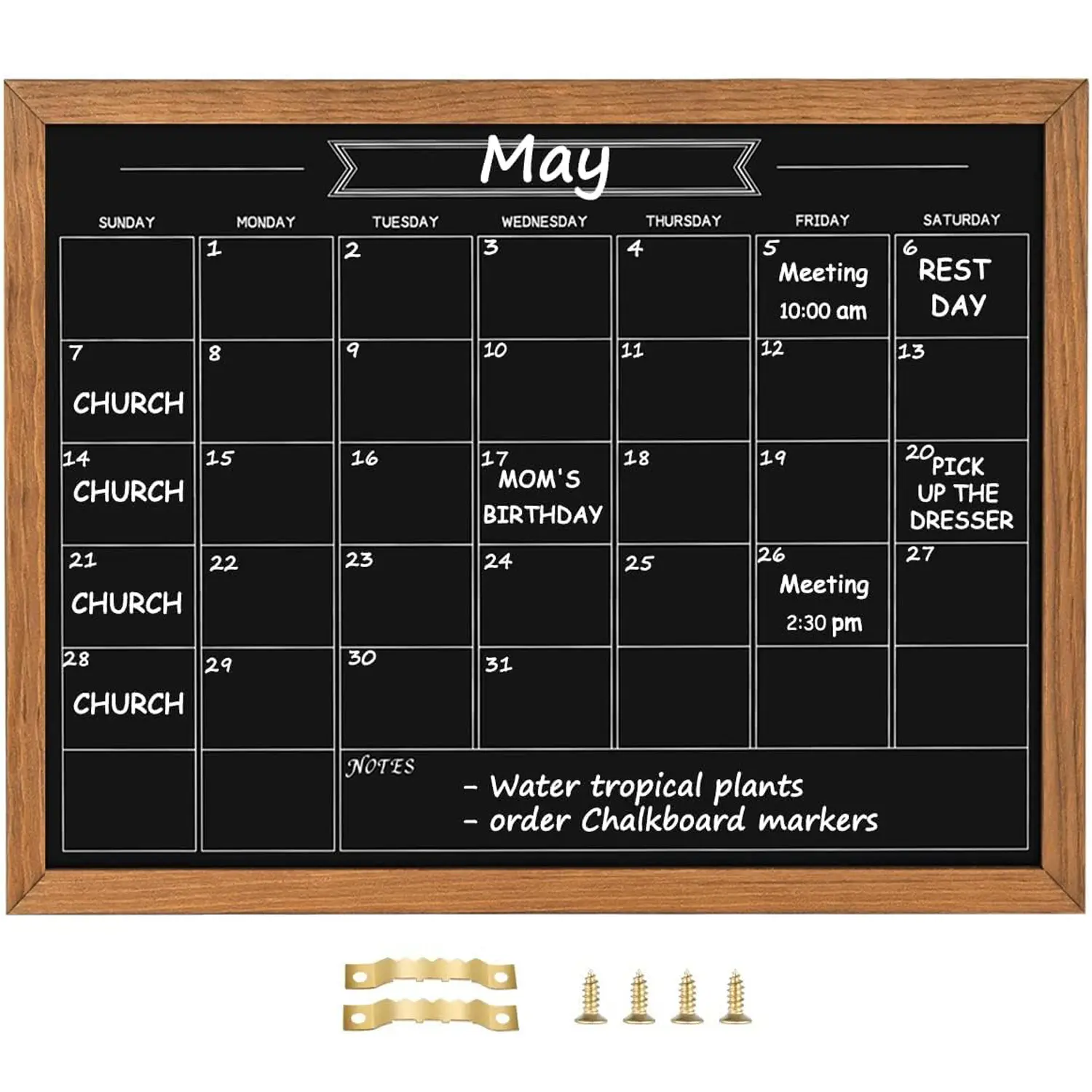 Rustic Brown Solid Pine Wood Frame Magnetic Undated Month Chalkboard - 13x17in Hangable Dry Erase Board, Printed with Undated Grid, Anti-Scrap, Easy to Clean, for Her, School, University, Wall Mountable, Restores Order