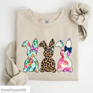 CoreCloset99 Retro Easter Rabbits, Floral, Leopard, Bunnies Sweatshirt, Women's Crew Neck, Crewneck