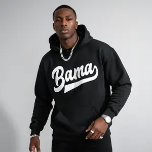 Men's Bama Alabama White Script Design Graphic Hoodie - Cotton Blend Black Long Sleeve Pullover Regular Fit |   Soft & Breathable Fabric, Durable Print, Everyday Comfort, Machine Washable, casual hoodie everyday wear