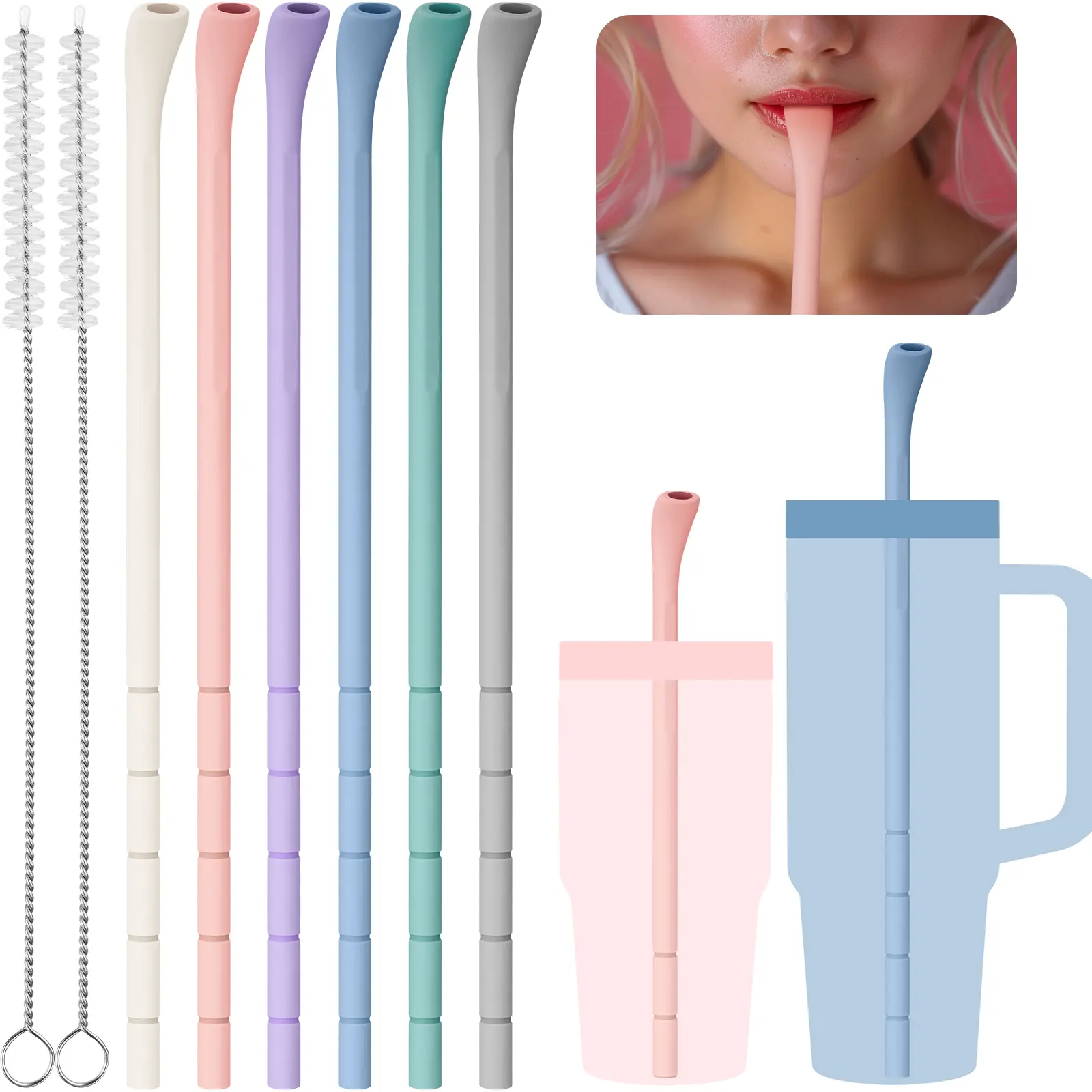 NiHome 6PCS Silicone Anti-Wrinkle Straws Fit for 40oz 30oz Stanley Tumblers w/Brushes, Customizable Length Wrinkle Free Straws for Various Size Cups, No Wrinkle Reusable Drinking Straws for Lip