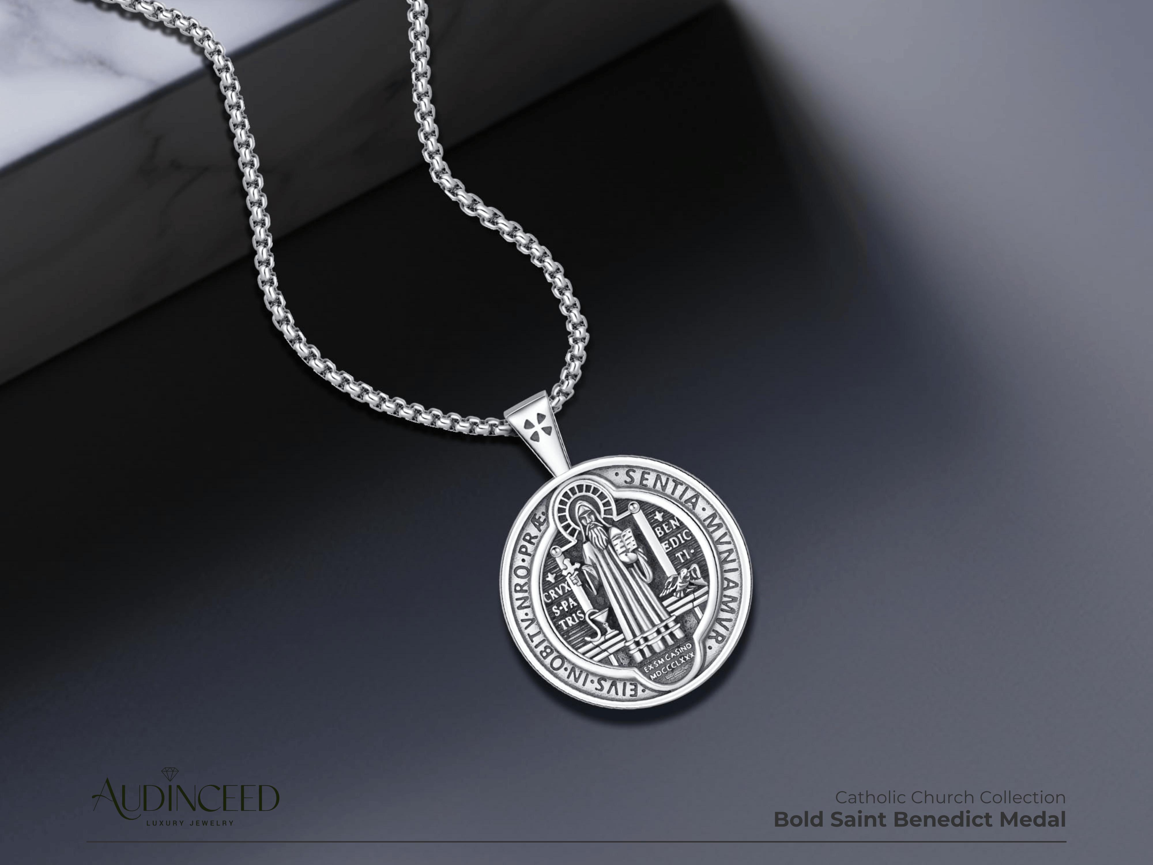 Audinceed St Saint Benedict Medals Necklace, Solid S925 Sterling Silver Medalla de san benito Catholic Church Protection Silver Necklace Pendant Religious Blessed Amulet Jewelry Gift for Faith Safety Fathersdaygift