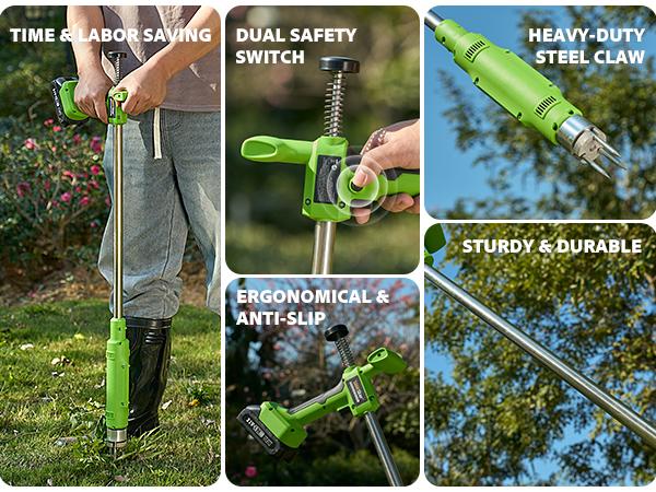 【Flash sale】Electric Weed Puller Tool 21V Battery Powered 2pcs 2000mAh, Heavy Duty 3-Claw Steel Root Weeder Stand-Up Remover Picker Grabber Popper, for Dandelion Lawn Garden Yard EWP001