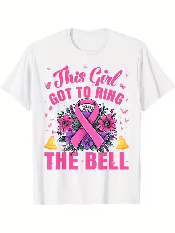 Women's Breast Cancer Awareness Casual Wear T-Shirt - "This Got to Ring the Bell" Chemo Top, Pink Ribbon Hopeful Motif Floral Print, Short Sleeves, Round Neck, Comfort Fit, Machine Washable All-Season Piece, Thoughtful Gift