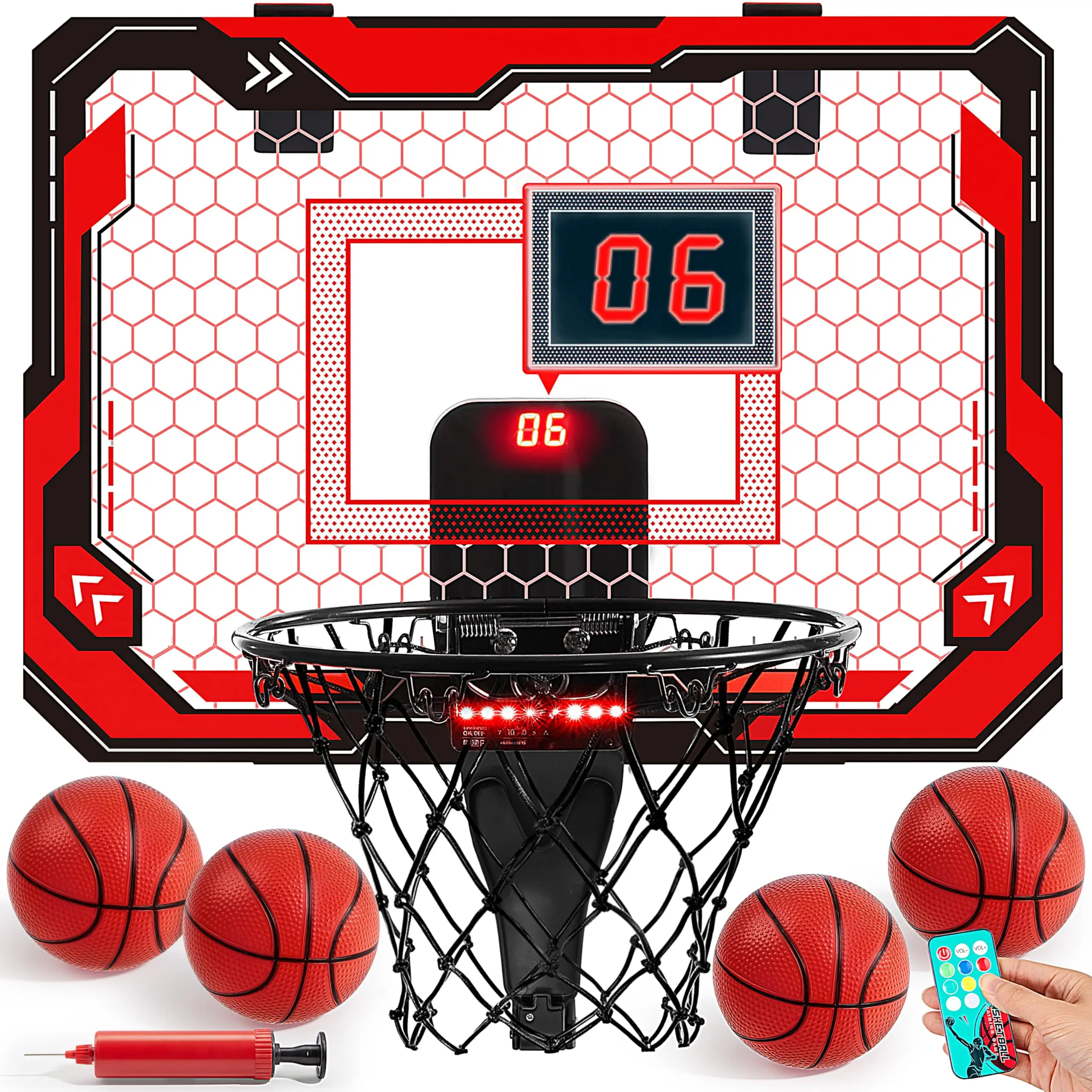 SYNCFUN Mini Basketball Hoop Over The Door LED Indoor Hoop for Kids with Scoreboard 4 Balls Basket Ball Game Toys Gifts for Boys Ages 3 and UP Red