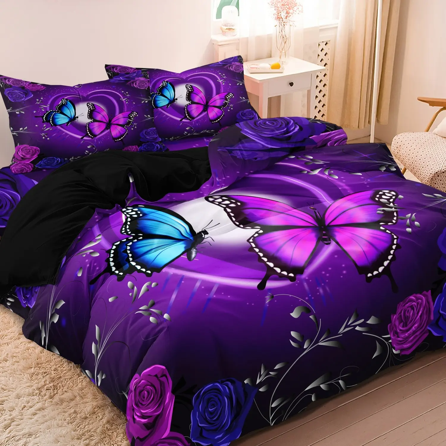 3pcs Set Purple; Butterfly & Rose Print Bedding Set, 1 Duvet Cover & 2 Pillowcase without Filler, Soft Comfy Comfortable Bedding Set for Bedroom, Guest Room, Printed Bedding Set, Soft Bedding Sets