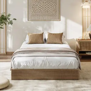 Twin Bed Frame, Wood Platform Bed with Fluted Design, Low Profile BedFrame, Minimalist Bed Base with Noise-Free, No Box Spring Needed, Walnut