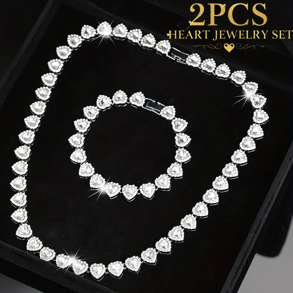 2pcs Heart Shaped Cuban Chain Necklace Set, Hip Hop Style Choker Set, Luxurious Jewelry Set for Valentine's Day Gifts, Birthday,Everyday & Party Wear, for Teenager