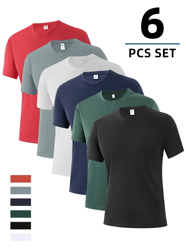 Men's 6-Pack Athletic Fit T-Shirts, Mini Grid Texture Polyester Tops, Moisture-Wicking Crew Neck for Sports & Casual Wear, Lightweight