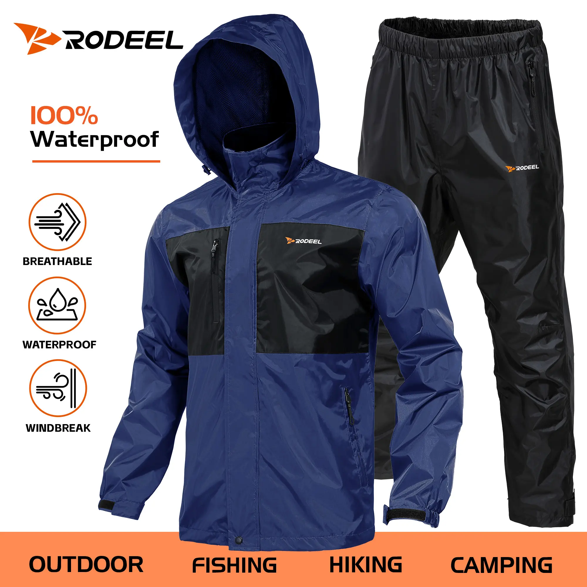 RODEEL 702 Men's Waterproof Breathable Sport Rainwear Set - Jacket & Pants, Lightweight Full-Zip Hooded Windbreaker, Adjustable Boot-Seal Cuffs, Durable Workwear for Outdoor Fishing, Construction