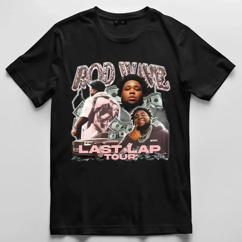 Men's Rod Wave Last Lap Tour 2026 Crew Neck Short Sleeve T-Shirt - Loose Street Fit, Custom Print, Black with White Text Graphics, Multi-Size, Size Up for Loose, 1-2cm Flat Measure, Concert Streetwear Menswear Tops T-Shirts