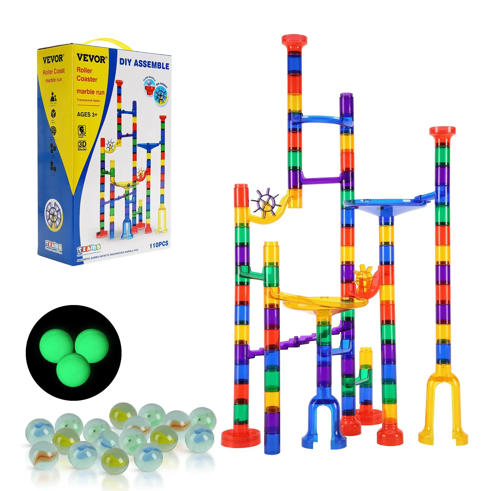 VEVOR Marble Run Set,  110 Piece Marble Maze Building Block Brain Game, with 10 Glow in the Dark Marbles + 20 Glass Marbles, Educational Learning Race Track STEM Toys, for Kids, Boys, Girls Ages 3 +