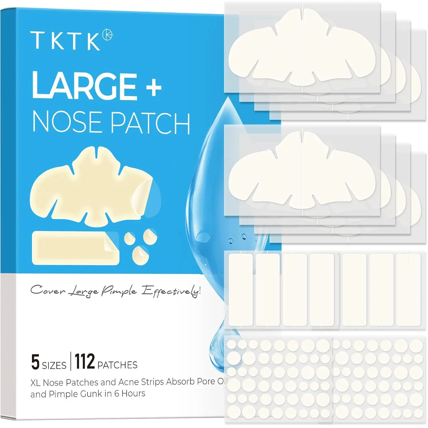 TKTK Hydrocolloid Nose Patches, XL Nose Pore Strips 91 x 48 mm, Large Hydrocolloid Acne Pimple Patches for Face, Cover Zit Blemishes & Absorb Oil (Nose Contoured, Strip, Dots 5 Sizes 112 Count)  #Summervibes   SummerFinds  tiktokshopbacktoschool
