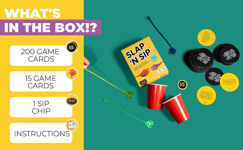 Slap 'N Sip - Drinking Game For Parties - 200 Hysterical Question Cards To See Who Your Real Friends Are - Includes Sticky Hands + Sip Chip